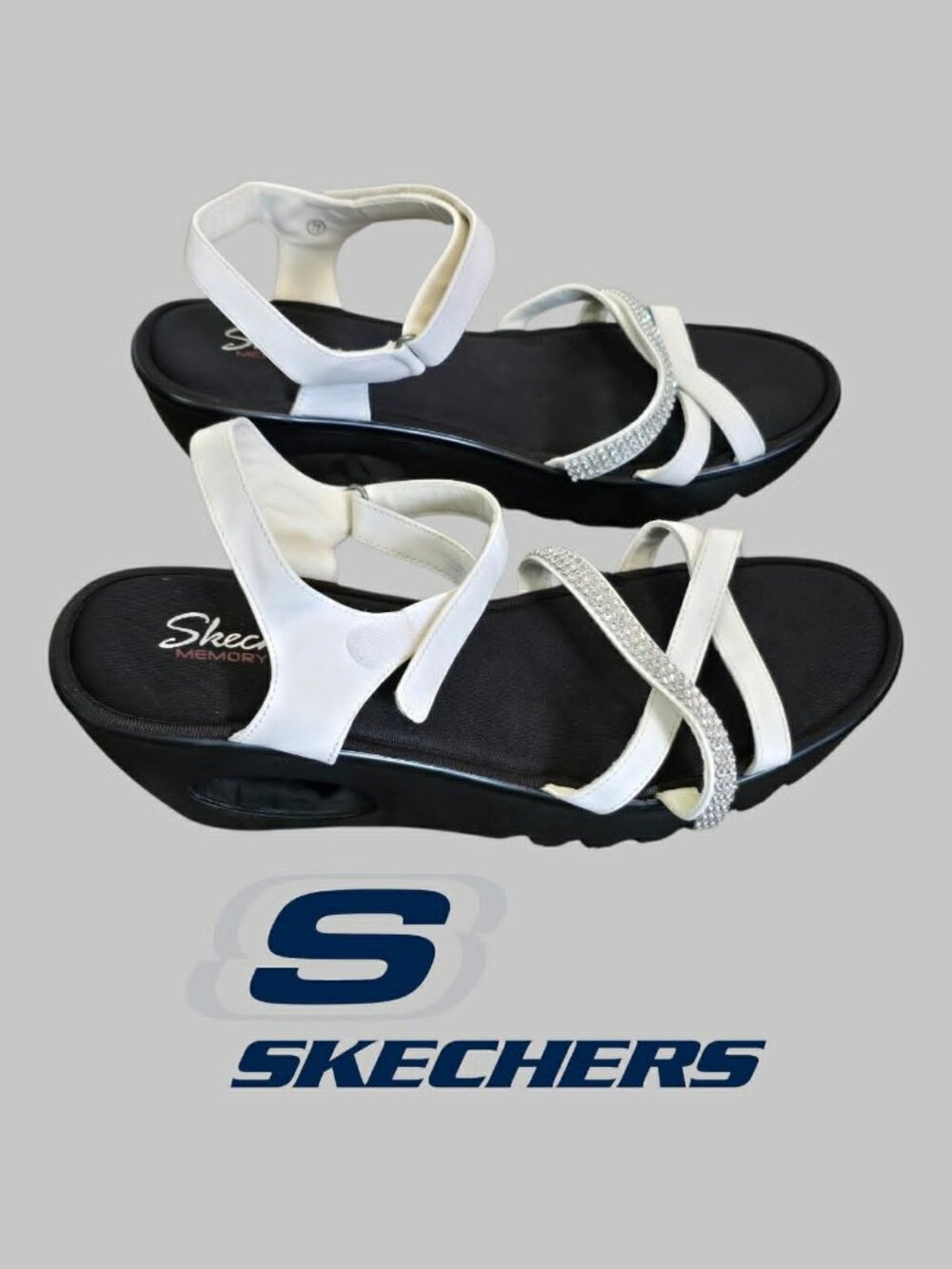 Skechers cali Black and White Wedge Sandals Rhinestone Summer Shoes Womens 11